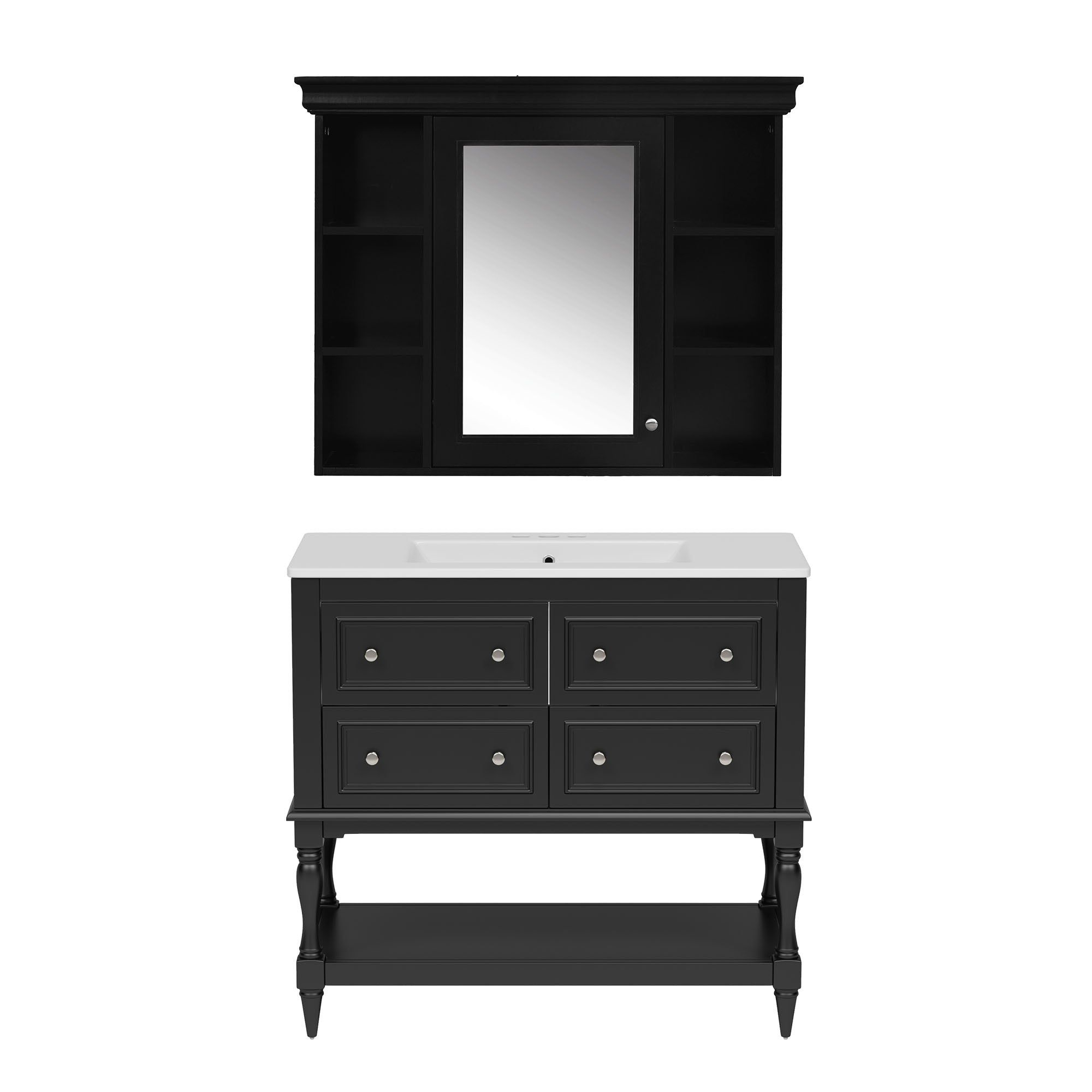 VanityFus 36-in Black Bathroom Vanity Single Sink Medicine Cabinet Combo with Ceramic Top Undermount 1 Door 5 Drawers (Mirror Included)